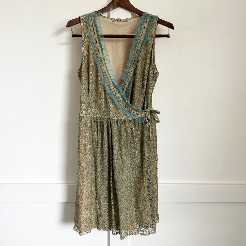 Young Essence- Vintage Inspired Wrap Dress Lace Ruffle Sz L